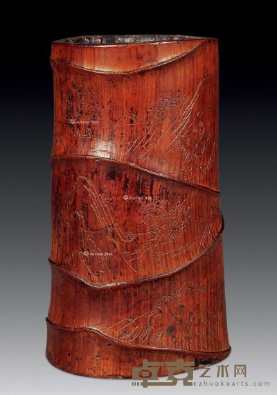 清中期 竹雕山水笔筒 高13cm