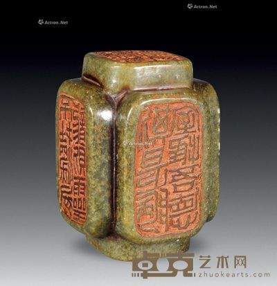 近代 青玉六面印 高8cm