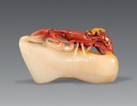 近代 寿山石雕红虾青蛙纹玩件