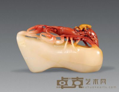 近代 寿山石雕红虾青蛙纹玩件 长10cm