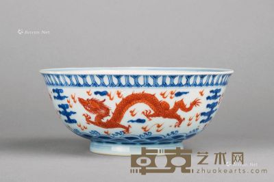清代 青花矾红海水龙纹碗 直径18cm；高7.5cm