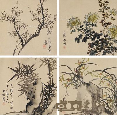 吕材 梅兰菊竹(四挖) 24×25cm×4