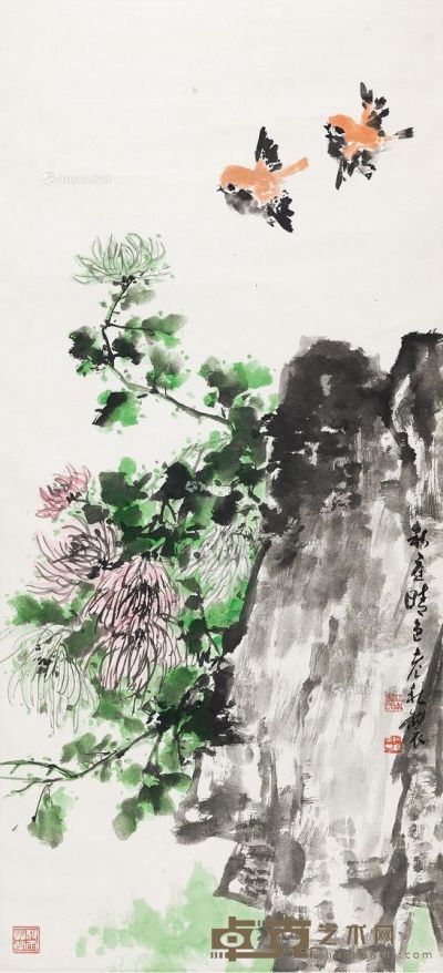 史秋鹜 菊石双雀图 99.5×45.5cm