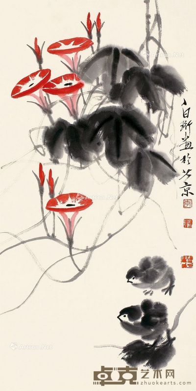 牵牛花雉鸡图 立轴 纸本 67×34cm