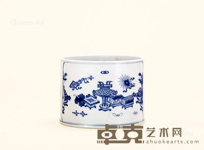 清康熙 青花开光“山水人物博古图”笔筒 口径14.5cm;高18.5cm
