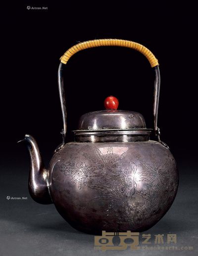 广东造 花卉诗文银壶 高20cm