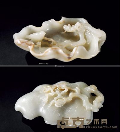 清 青白玉鸟虫纹叶形洗 长17cm