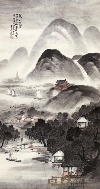 吴石僊 溪山烟雨 148×79cm