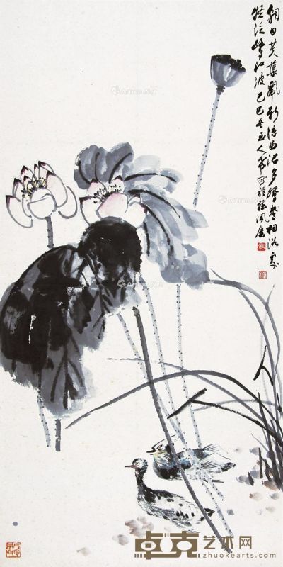 张人希 荷塘鸳鸯 138×69.5cm