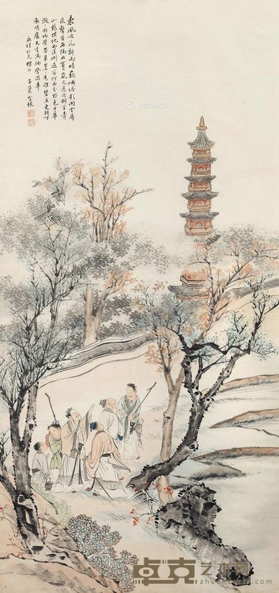 包栋 塔影春色图 141×66cm