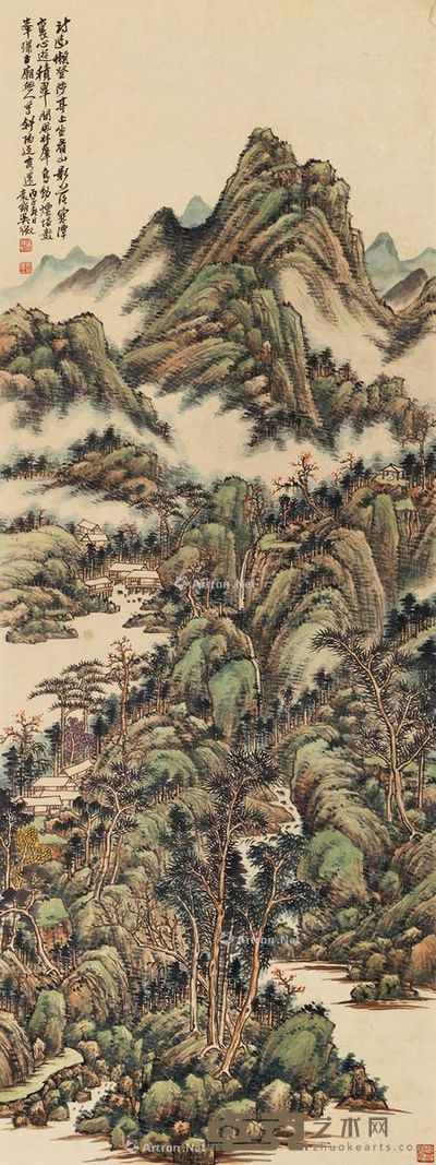 吴徵 坐看山影图 129×48cm