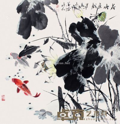 戴培仁 荷花鲤鱼 68×68cm