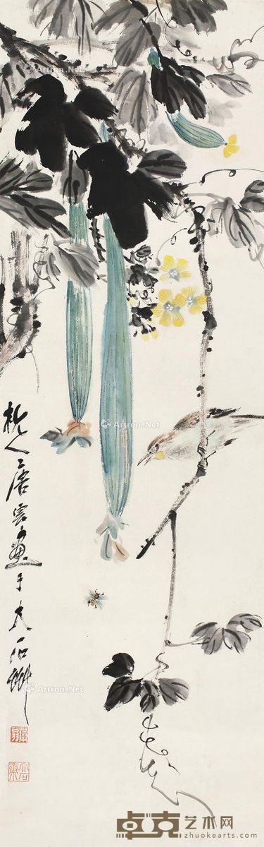 唐云 丝瓜小鸟 33×105cm