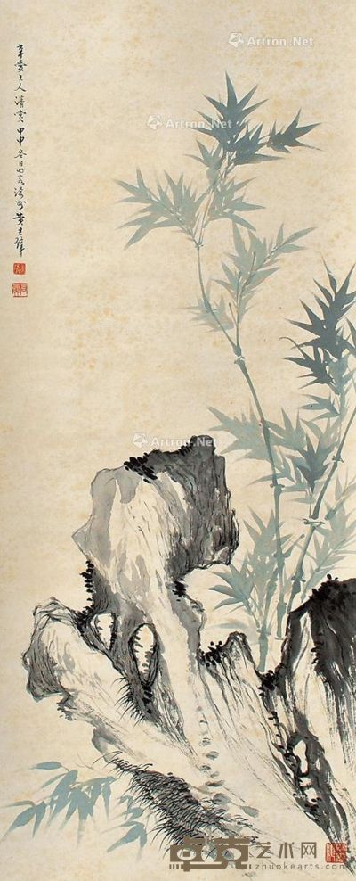 黄君璧 竹石图 112×44cm
