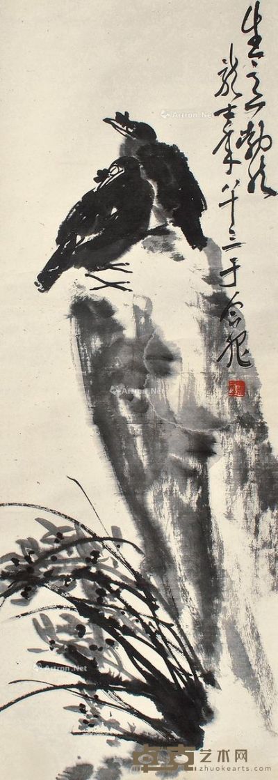 萧龙士 鸟石图 108×37cm