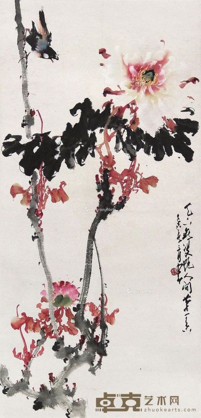 赵少昂 牡丹小鸟 94×45cm