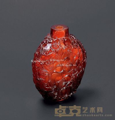 琥珀浮雕罗汉鼻烟壶 高6.2cm