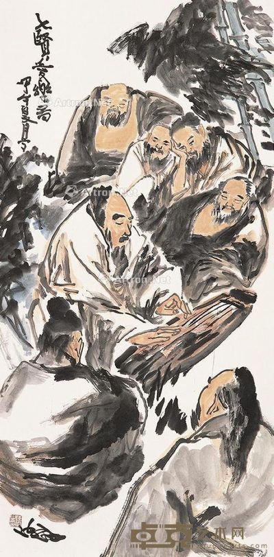 陈侗 七贤爱乐图 139×69cm