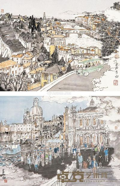 方向 都市写生之一、二 34×46cm×2
