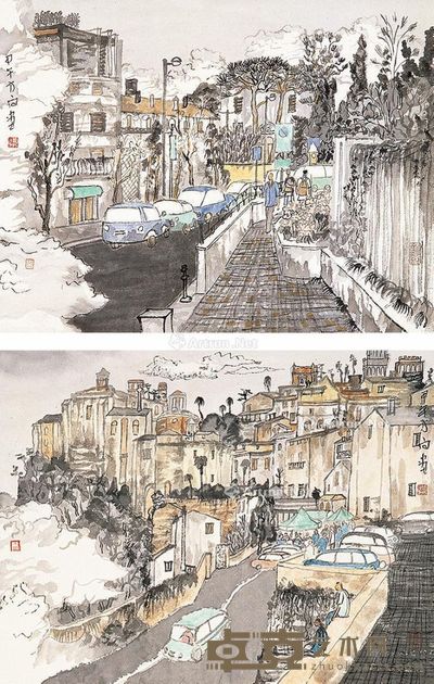 方向 都市写生之三、四 34×45cm×2