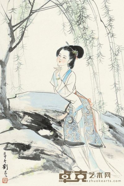 刘旦宅 柳下仕女 68×46cm