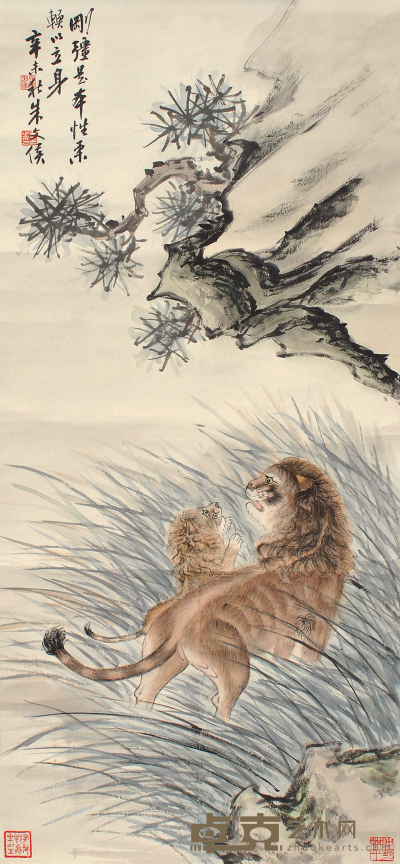 朱文侯 双狮图 82×37cm