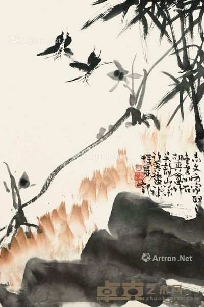 许麟庐 竹石兰蝶图 68×45cm