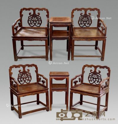 清 红木雕瓜果太师椅 （6件） 椅：65×51×97cm 几：40×40×80cm