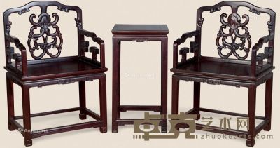 近代 紫檀雕花太师椅 （3件） 椅：66×48×100cm 几：43×80cm