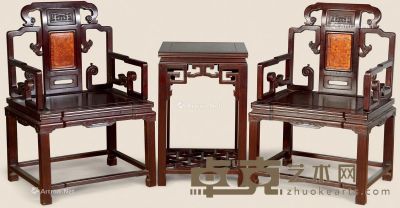 近代 红木嵌影木太师椅 （3件） 椅：64×52×57cm 几：48×48×74cm