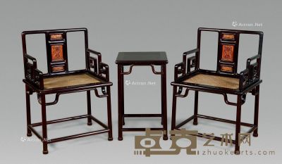 近代 紫檀席面嵌黄杨太师椅 （3件） 椅：59×48×89cm 几：42×42×68cm