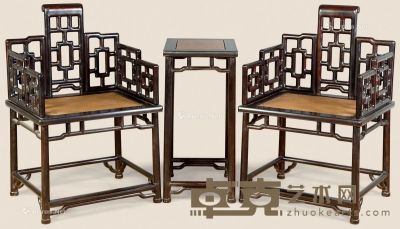近代 紫檀卷书椅 （3件） 椅：62×51×96cm 几：46×36×76cm