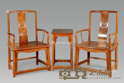 近代 黄花梨雕花卉官帽椅 椅：67×49×106cm 几：48×38×69cm
