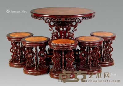 近代 红木嵌影木转圆桌 （6件） 桌：105×86cm 椅：43×50cm
