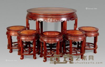 近代 红木嵌影木半圆桌 （7件） 桌：110×81cm 凳：41×48cm