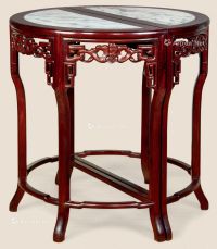 近代 红木嵌理石雕蝠半圆桌 （2件）