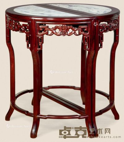 近代 红木嵌理石雕蝠半圆桌 （2件） 83×86cm