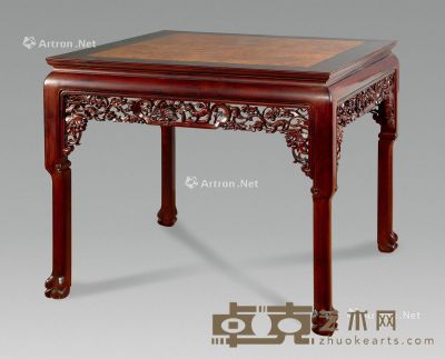 近代 红木嵌影木雕松鼠葡萄方桌 98×98×86cm