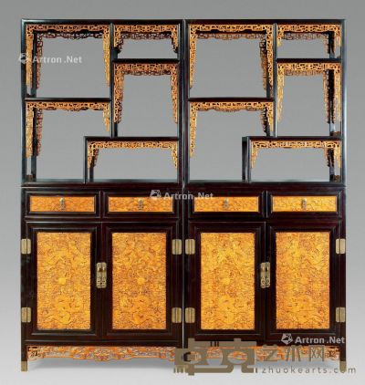 民国 紫檀嵌黄杨雕云龙多宝格 （2件） 88×42×191cm