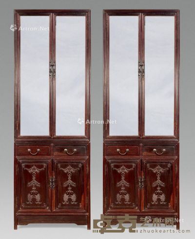 近代 红木雕吉庆酒柜 （2件） 70×30×200cm