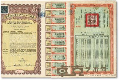 民国二十七年（1938年）金公债美金债票拾圆、壹百圆各一枚 