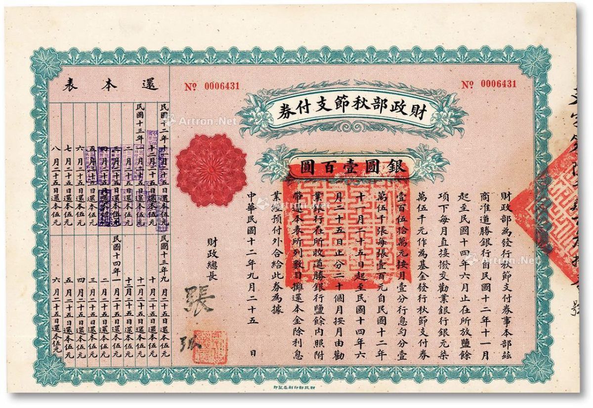 民国十二年（1923年）财政部秋节支付券壹百圆 2015年春季拍卖会 上海泛华 拍品价格 图片 拍卖专场 拍卖会预展 拍卖会结果 卓克拍卖频道