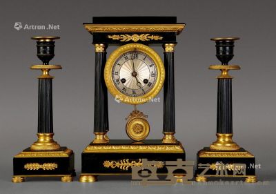 20世纪 法国黑理石铜鎏金座钟、烛台 (3件) H27cm