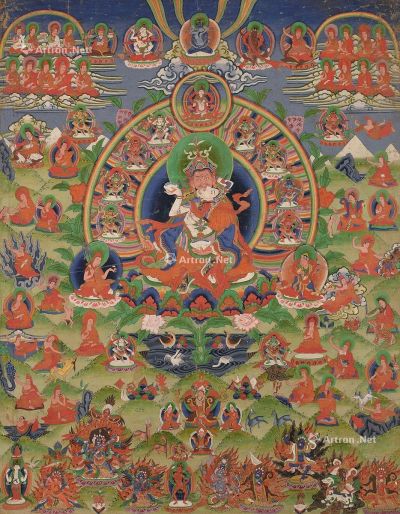 西藏18世纪 双身莲花生唐卡