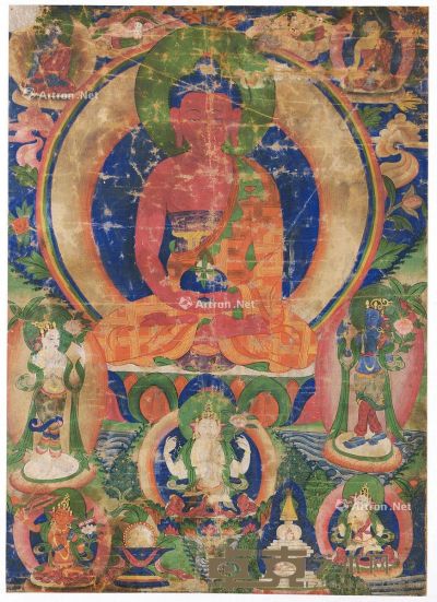 西藏19世纪 阿弥陀佛唐卡 长56cm；宽40cm