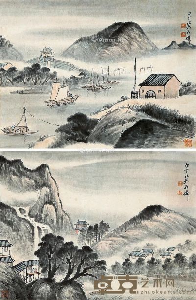 吴石僊 山水 34×41cm×2