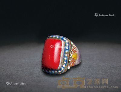 清宫阿卡级老辣椒红纯银烧蓝珊瑚戒指 戒面1.3×1.85cm；总重11.2g