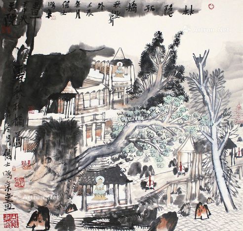姚鸣京 云秋孤桥图