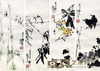 赵雄时 四季花鸟 94×32cm×4