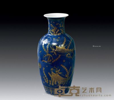 清代 兰釉描金鱼藻纹瓶 高40.5cm